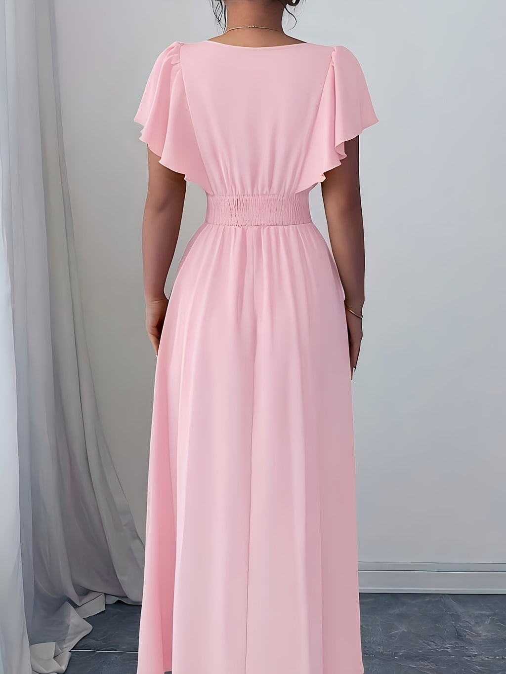 Solid Color Dress Puff Sleeve Ruched Waist Notch Neck Short Sleeve Suitable for Banquets, Parties, Vacations, Weddings, Women'S Bridesmaid Dress - Pink
