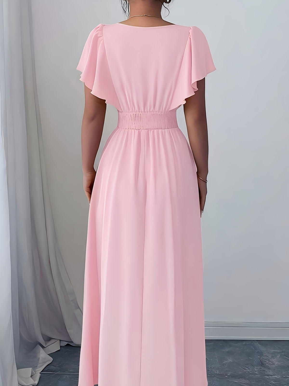 Solid Color Dress Puff Sleeve Ruched Waist Notch Neck Short Sleeve Suitable for Banquets, Parties, Vacations, Weddings, Women'S Bridesmaid Dress - Pink
