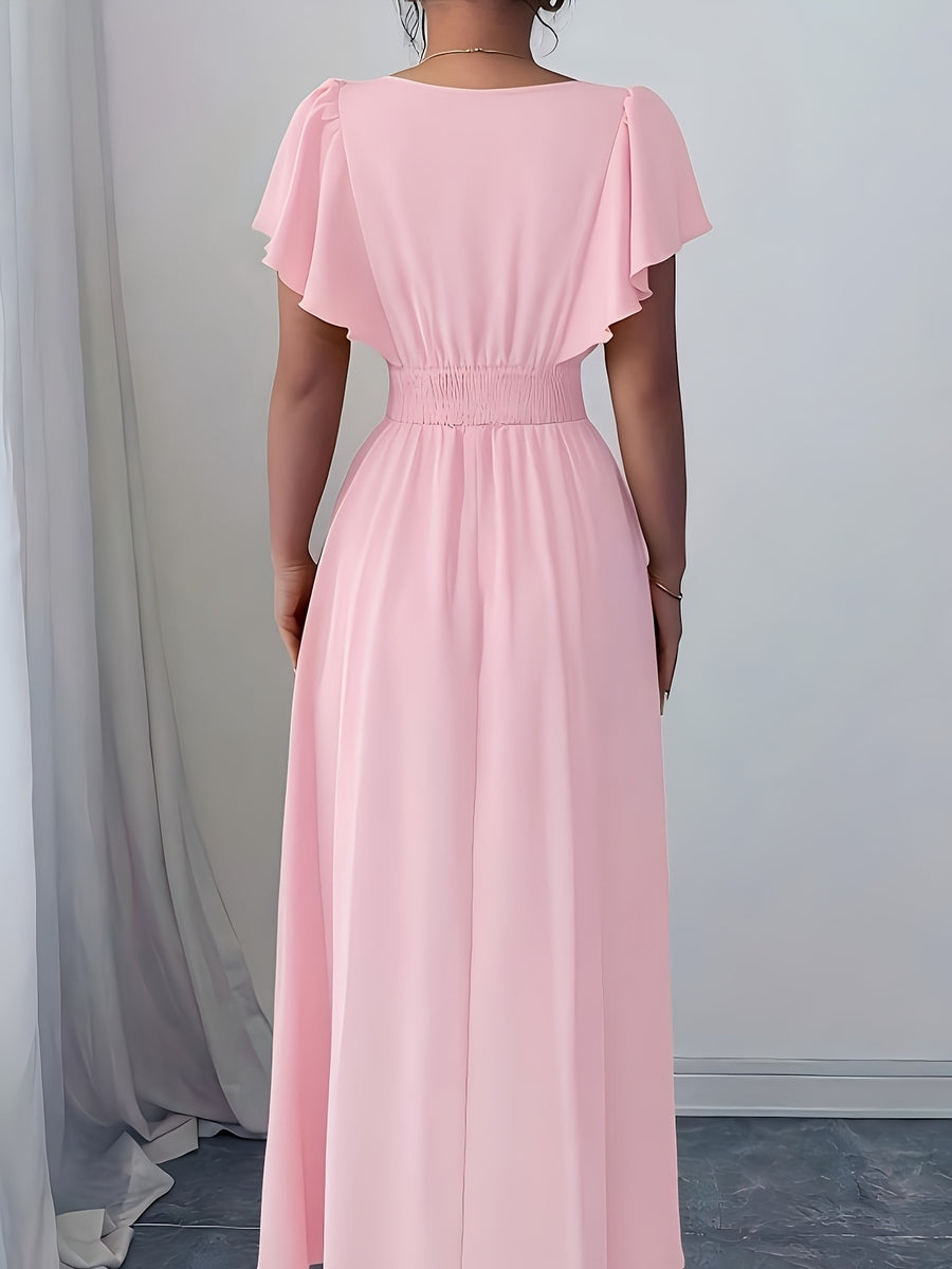 Solid Color Dress Puff Sleeve Ruched Waist Notch Neck Short Sleeve Suitable for Banquets, Parties, Vacations, Weddings, Women'S Bridesmaid Dress - Pink