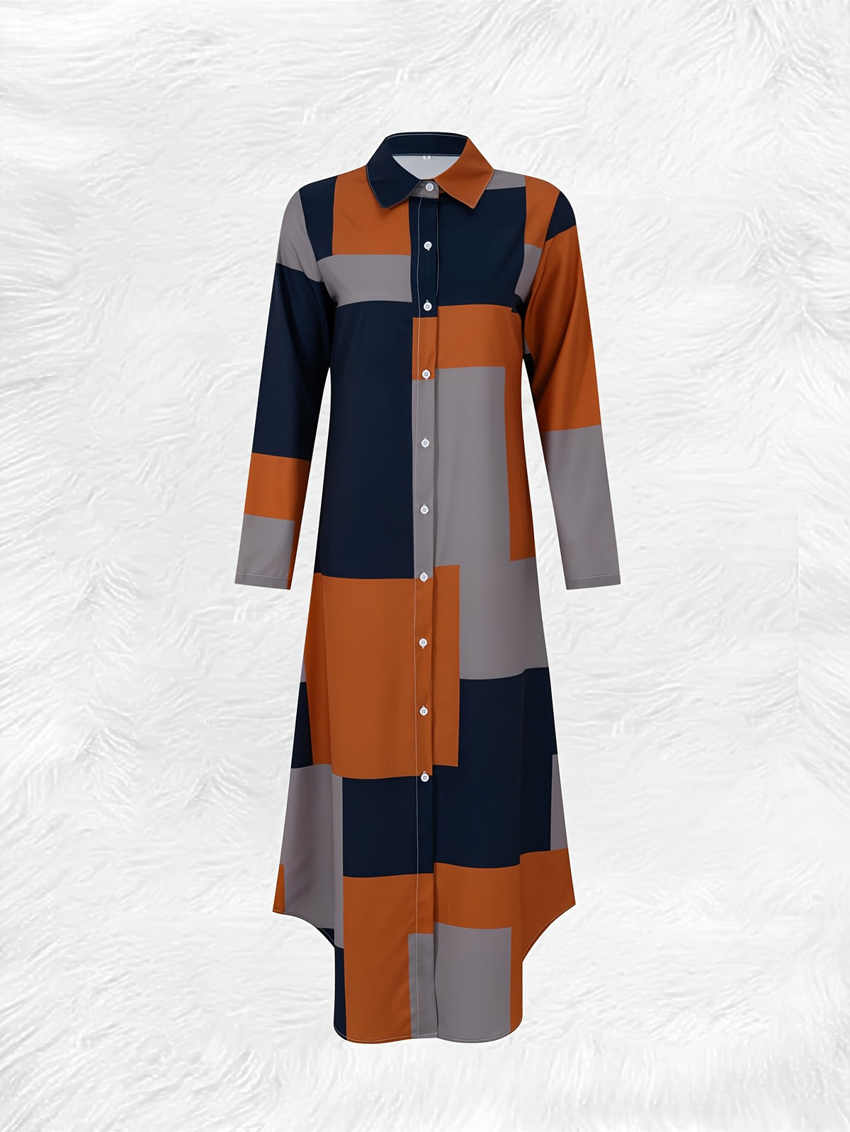 Geometric Color Block Printed Long Sleeve Casual Dress - Coral