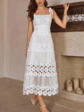 New French Elegant Heavy-Duty Three-Dimensional Flower Lace Strap Suspender Dress Women'S Waist Dating Vacation Style Temperament Mid-Length Skirt Wedding Guest Dress Dress - Ivory White
