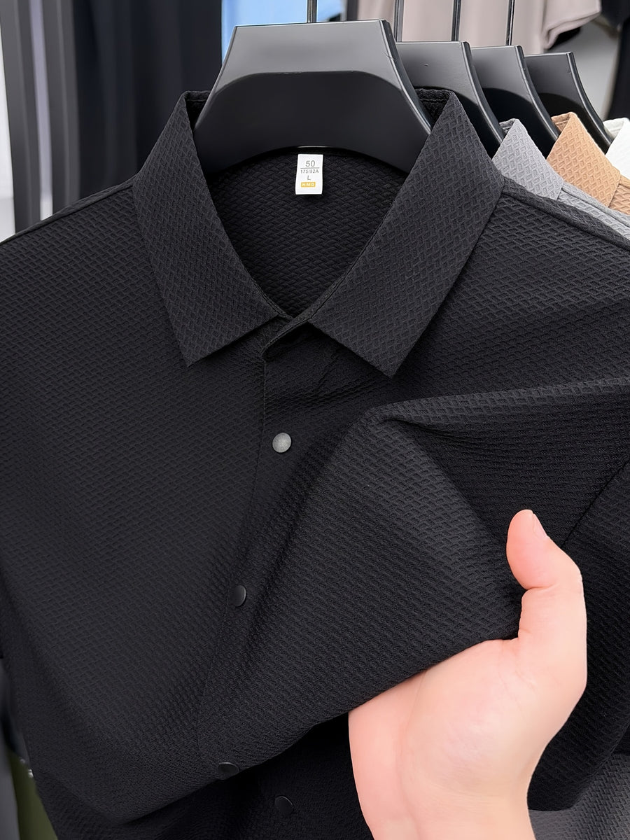New Summer 2026 Men's Waffle Short-Sleeve Shirt, Lightweight and Breathable Business Casual T-Shirt, Multiple Colors Available, Refreshing and Versatile Commuter Top 100 - Black