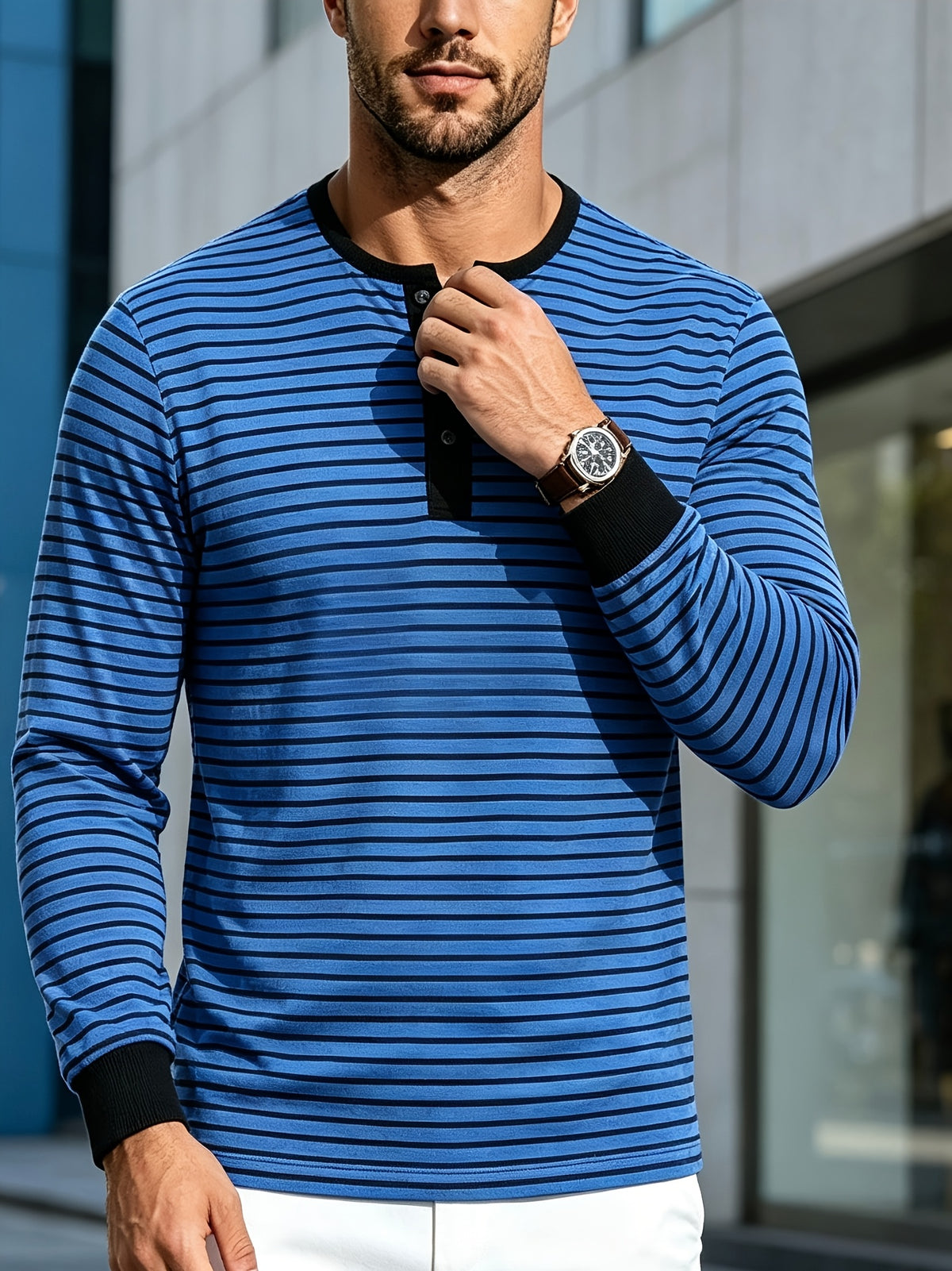 New Men's Striped Henley Neck Long Sleeve T-Shirt, Contrast Color Placket Button Casual Slim Fit Base Layer Top for Spring and Autumn - Royal Blue