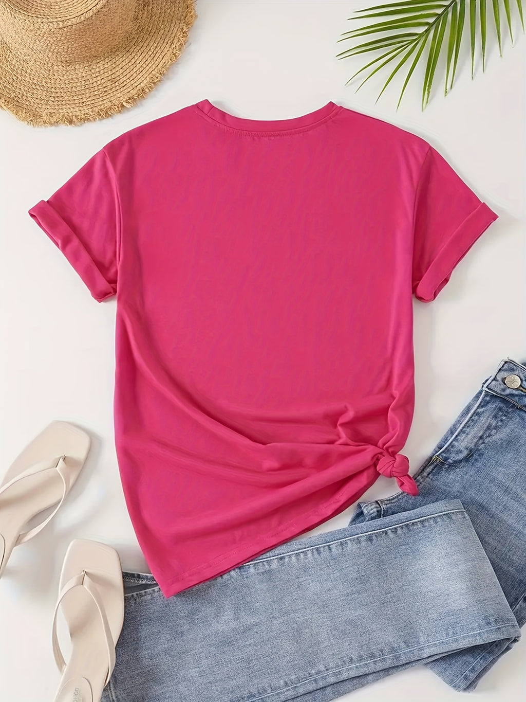 Women's High-Elastic Blouse T-Shirt Suitable for Café Visits, Picnic & Home Wear - Minimalist Smiling Face Print Round Neck Top, Machine Washable Non- Shirt for - Casual Outfits (Age-Reducing Versatile Wardrobe Staple) - Rose Red