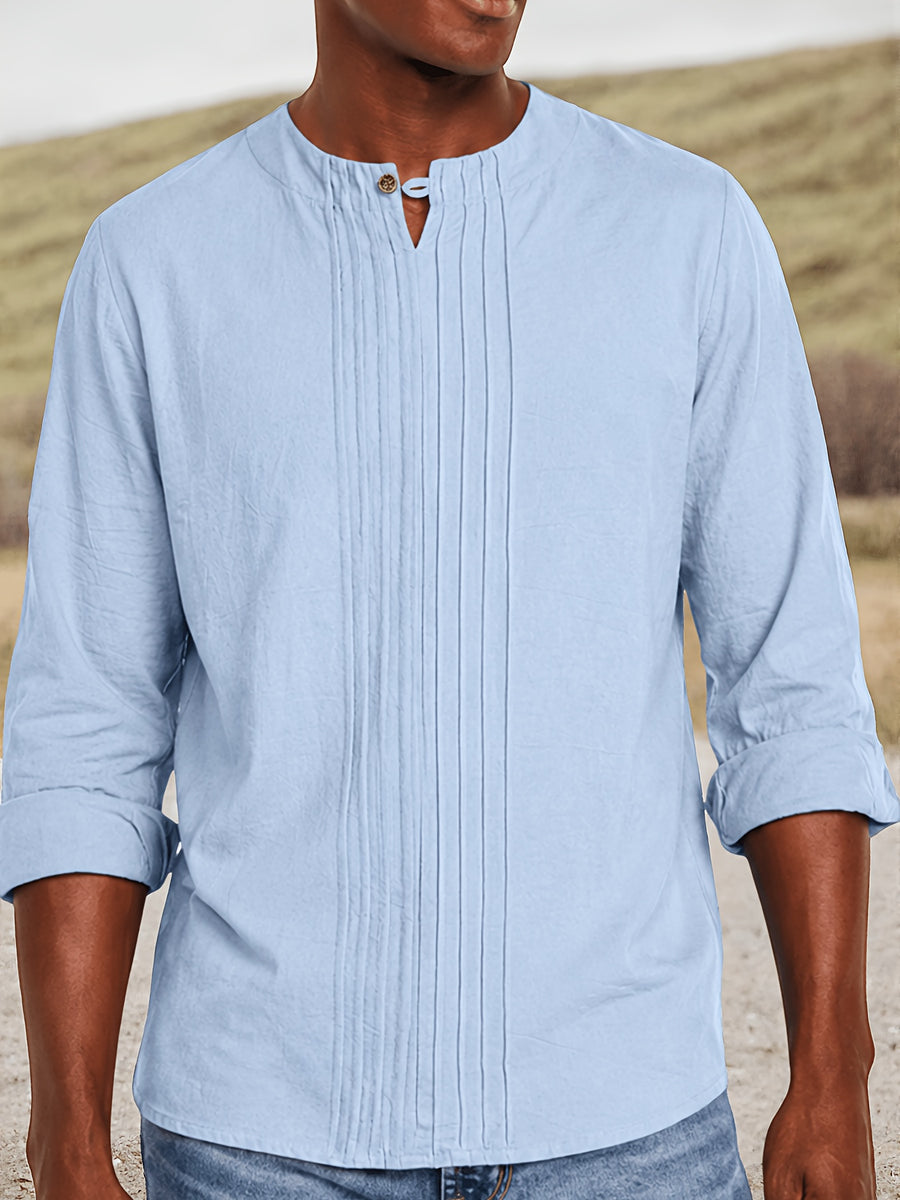Men's Linen Pullover Shirt - Retro Vertical Pleat Collar & Round Neck, Loose Fit Long Sleeve Suitable for Daily Wear, Travel, Beach Outfits, Spring Summer Fall Casual Top, Machine Washable Solid Color Shirt - Light Blue