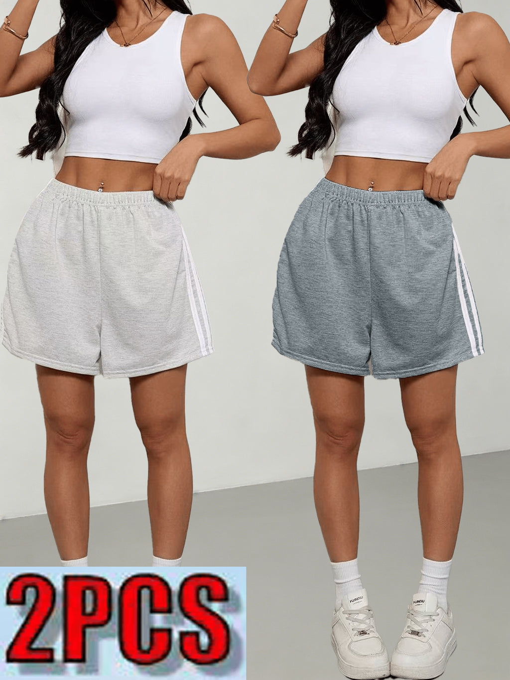 2pcs Women's 2pcs Shorts Suitable for Leisure, Outdoor & Home Wear - Elastic Stretch Waist Loose Fit Short with Side Stripe Design, Elastic Waistband, Non-Stretch Solid Color Shorts for Spring Summer Fall, Machine Washable American Casual - Beige Apricot+Grey
