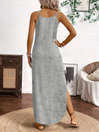 Spring/Summer New Arrival: European and American Fashion Trend Women's Solid Color Notched V-Neck Camisole Dress for Vacation and Leisure - Light Grey