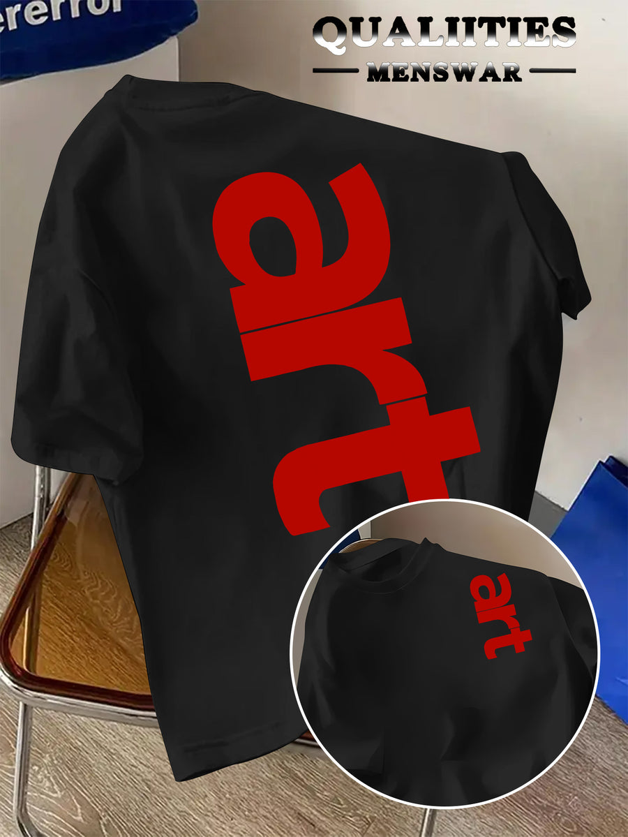 Men'S Fashion Short Sleeve T-Shirt, Minimalist Red Letter Pattern Print, Casual Regular Knit Tee, Suitable for Daily Wear, Couple Style, Unisex, Summer New Arrival, Versatile Style - Black