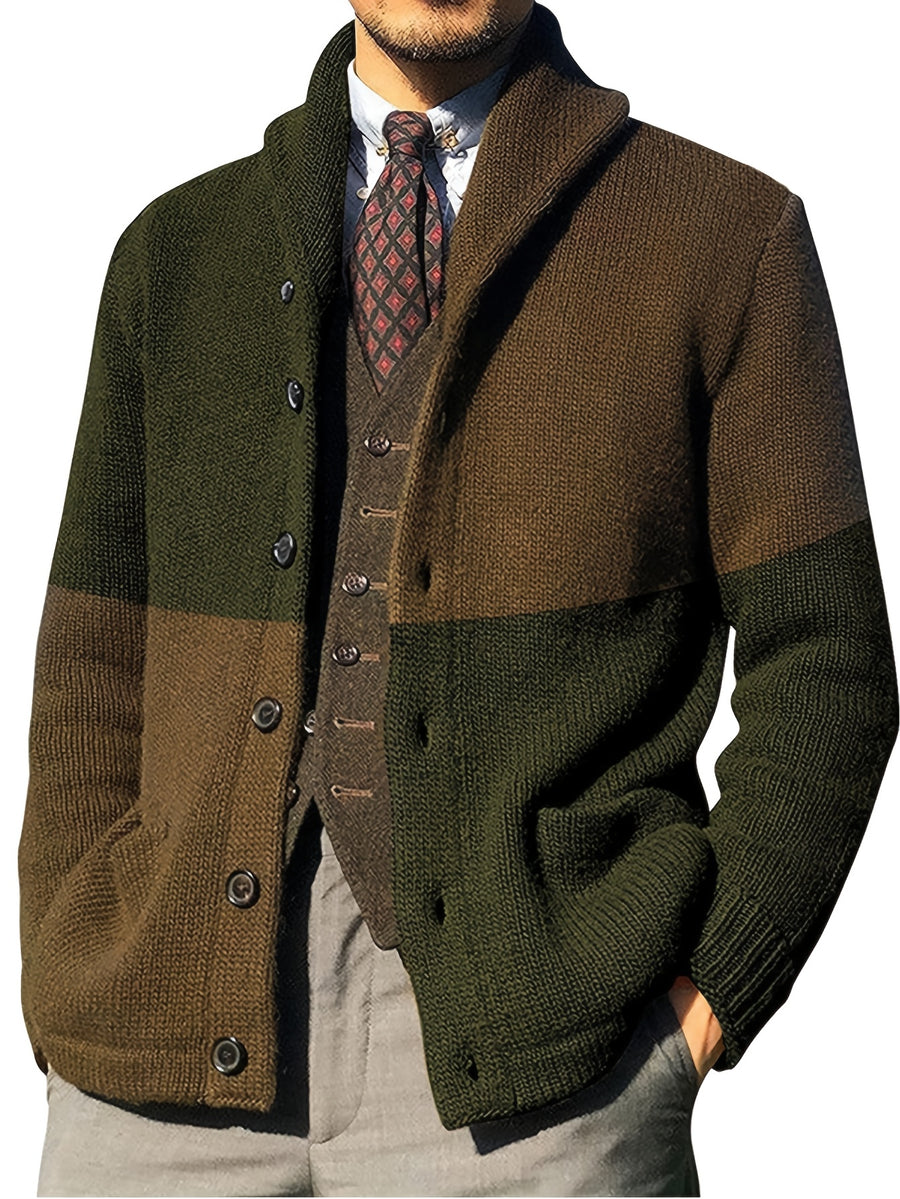 Men's Autumn and Winter New Style Lapel Single Breasted Cardigan Color Blocked Fashionable Casual Business Versatile Slim Fit Skin Friendly Comfortable Soft Warm Long Sleeved Pocket Durable Sports Vitality Simple Knitted Sweater - Army Green