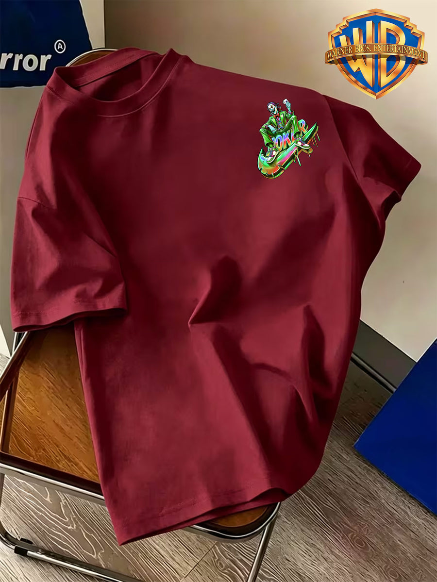 Warner Bros. Official American-Style Green Suit Cool Joker Seated Logo Print T-Shirt, a Hilarious! American Vintage Casual Short Sleeve, Men's Casual Comfortable Multi-Functional Loose Summer Short Sleeve T-Shirt, Suitable for Outdoor Wear - Burgundy