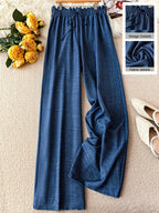 Women's Elegant Solid Color Faux Drawstring Waist Comfortable Long Pants - Blue