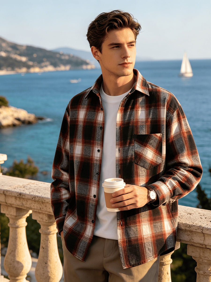 Men'S Retro Plaid Long Sleeve Shirt, Casual Loose Fit Button, Breathable Fabric, Perfect for Daily Wear, Vacation, Office And Streetwear Style - Black Orange Grid