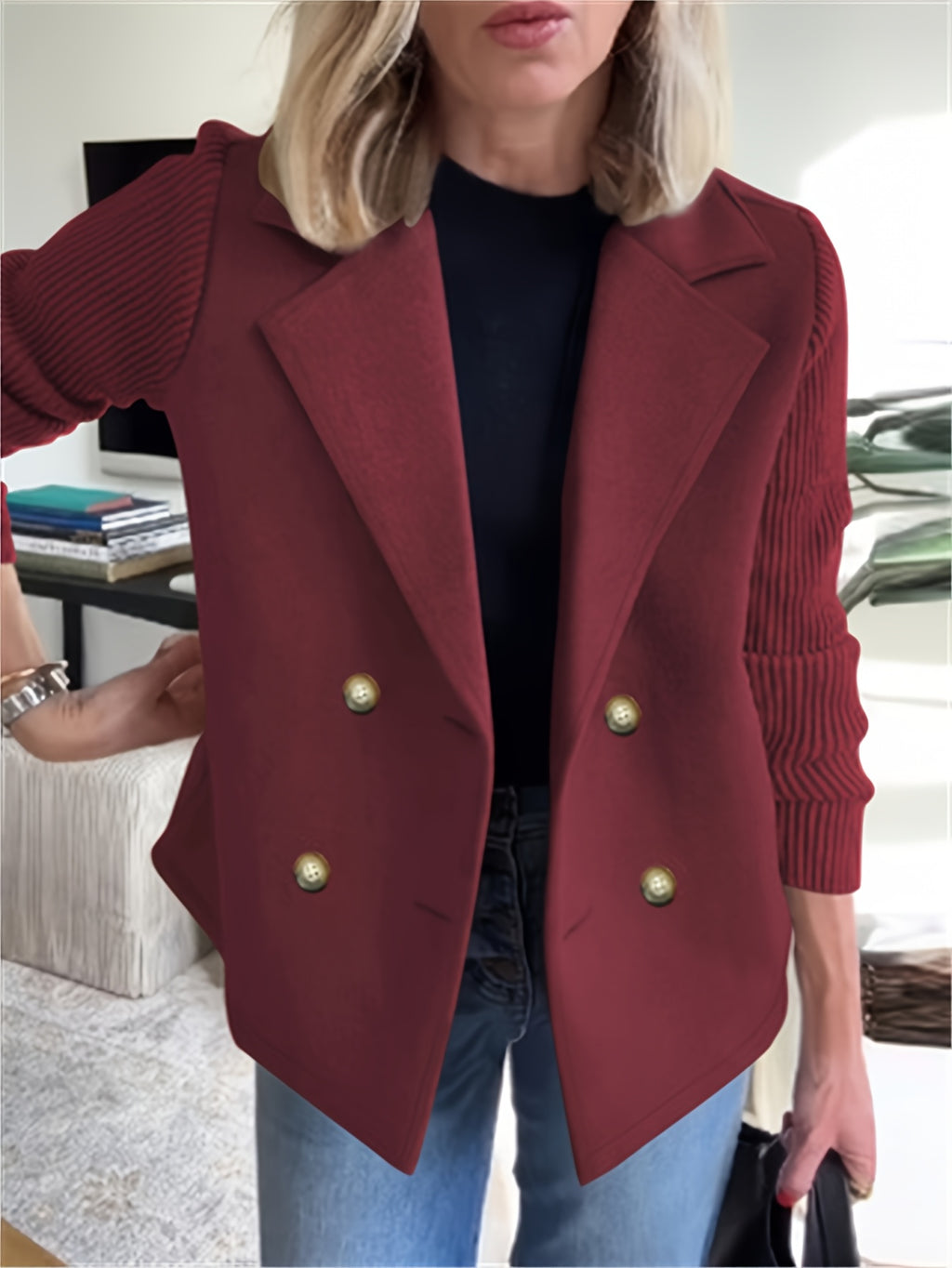 New European and American Women's Suit Jacket, Fashionable and Elegant Fabric Patchwork Double-Breasted Tweed Coat for Women - Burgundy