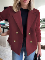 New European and American Women's Suit Jacket, Fashionable and Elegant Fabric Patchwork Double-Breasted Tweed Coat for Women - Burgundy