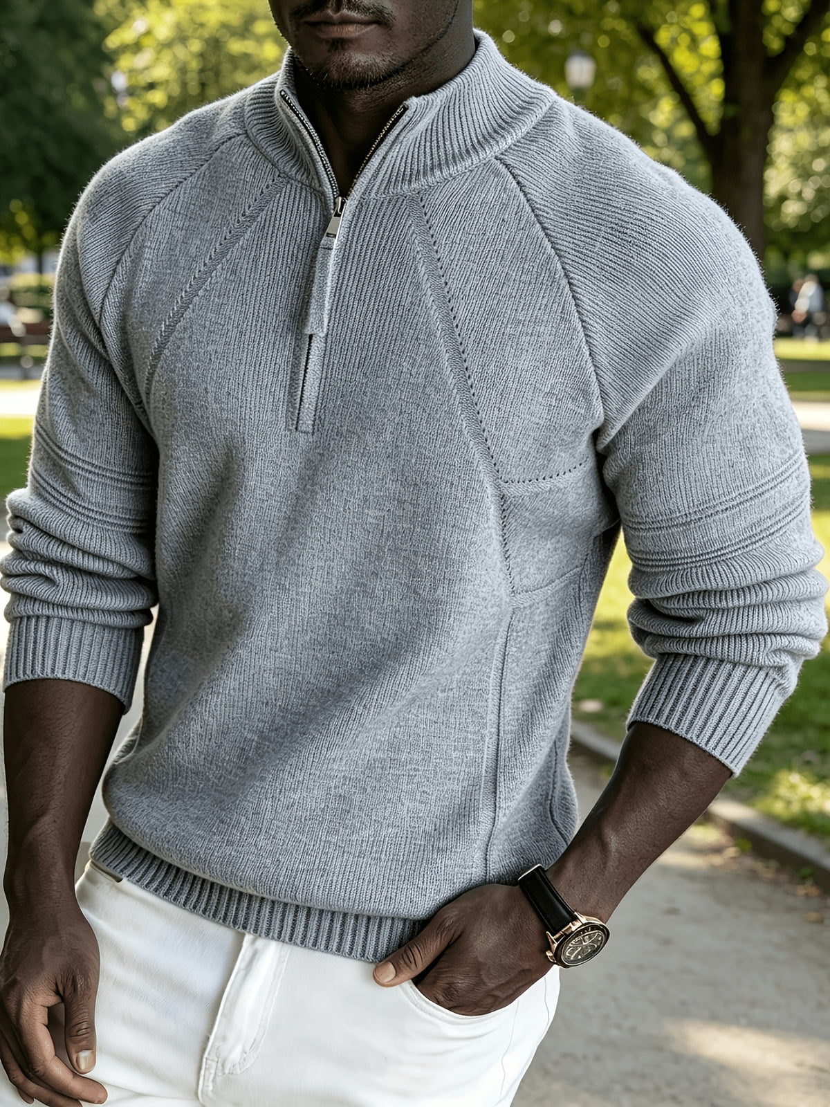 Men's Business Casual Quarter Zip Knit Pullover, Raglan Sleeve Textured Ribbed Trim Slim Fit Sweater for Fall Winter Daily Office & Weekend Outings - Medium Grey