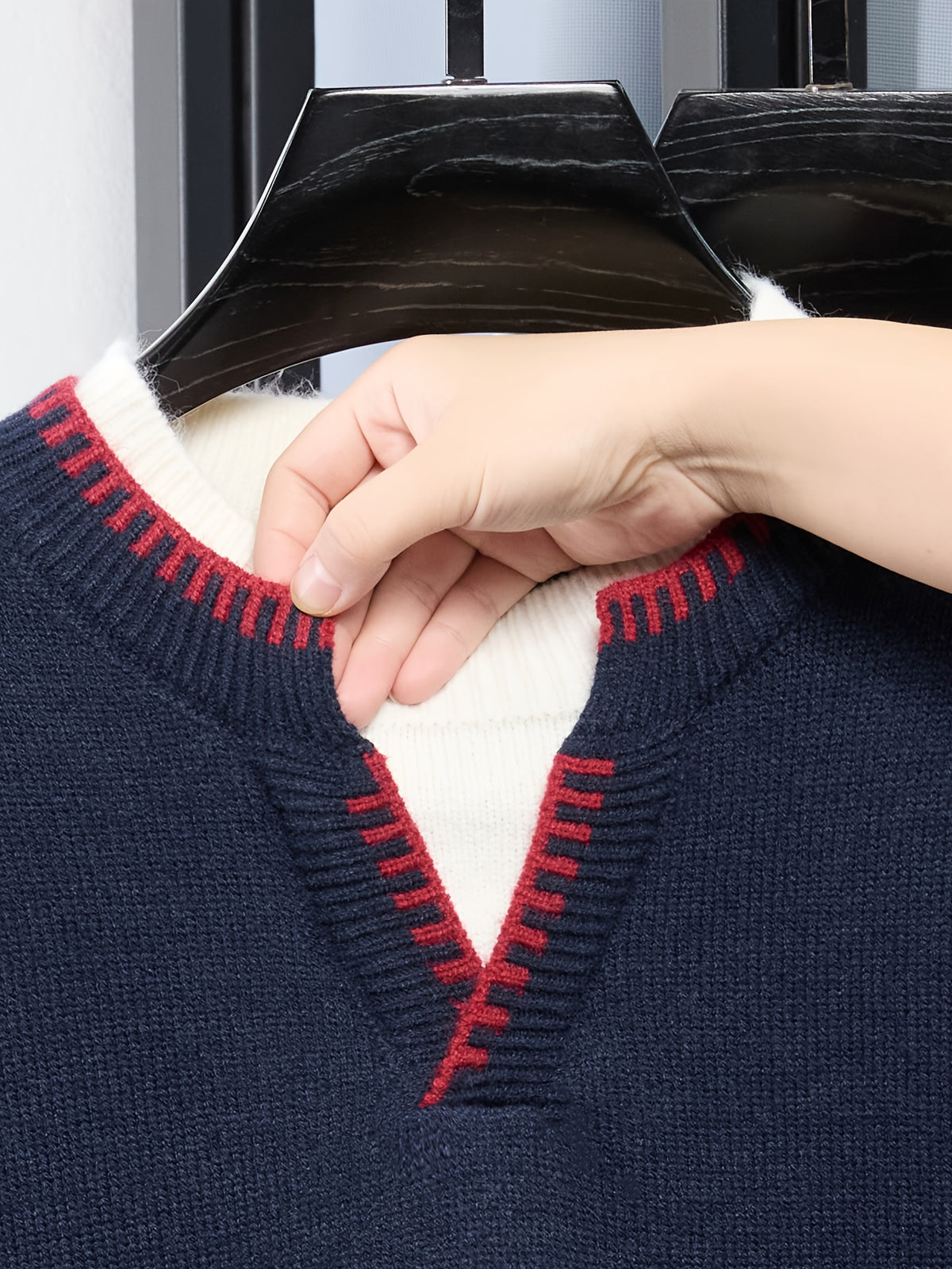 Men'S Faux Two-Piece V-Neck Contrast Stripe Knit Sweater, British Retro, Light Business Casual, Mature And Premium Colors - SINBOS - Navy Color