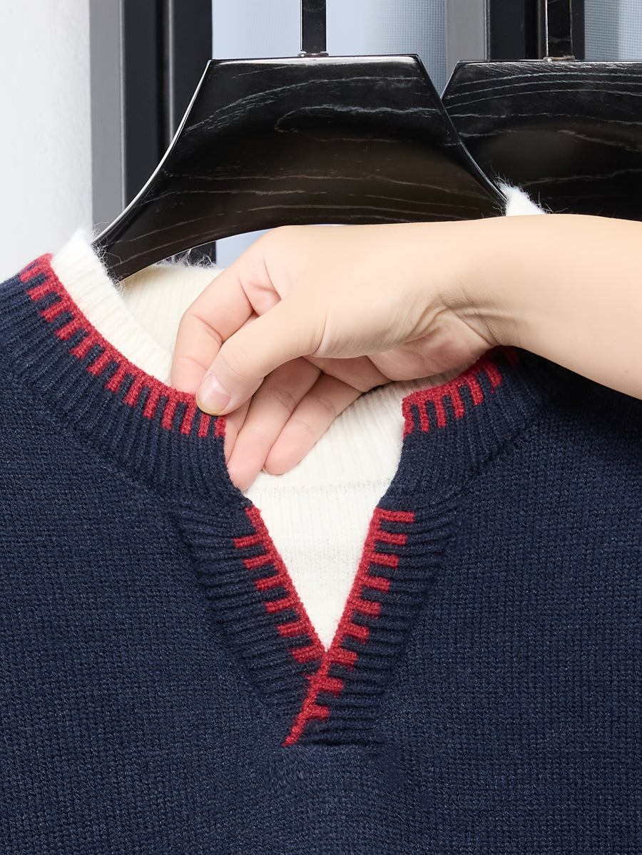 Men'S Faux Two-Piece V-Neck Contrast Stripe Knit Sweater, British Retro, Light Business Casual, Mature And Premium Colors - SINBOS - Navy Color