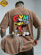 Warner Bros. Officially Authorized Fitness Cartoon Duck Holding Dumbbell Print Retro Washed Distressed Short Sleeve T-Shirt Unisex Machine Washable Daily Commuting Outdoor Sports Casual Top - Coffee Color