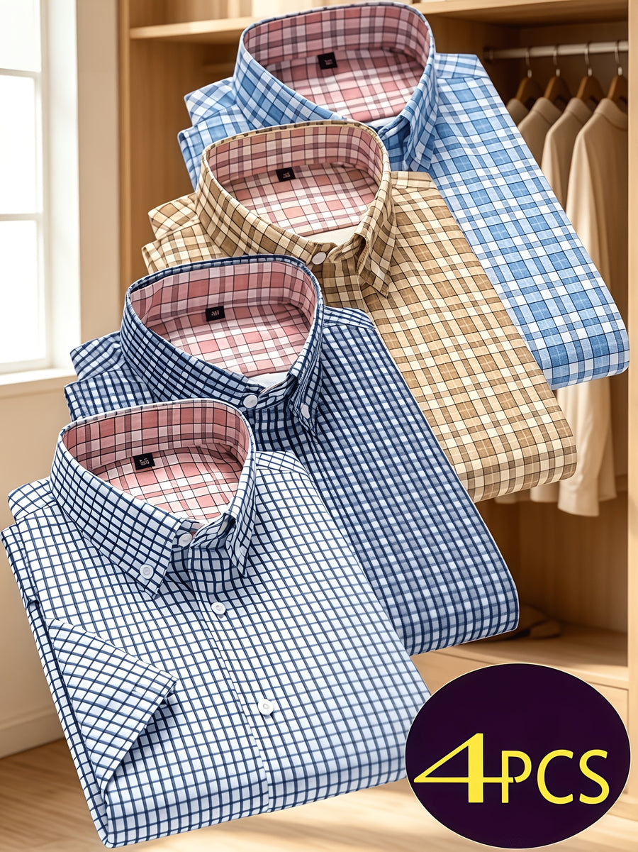 Multi-Color Plaid Men'S Short Sleeve Shirt 4pcs Set, Christmas Gift, Holiday Wear, Office, Date Night, Easy Fit with Festive Style, Casual Wear, Full Holiday Atmosphere, Easy to Get Festive Photos, Easy Cut, Versatile for Layering And Single Wear - Light Blue+Khaki+Silvery Gray+Dark Blue