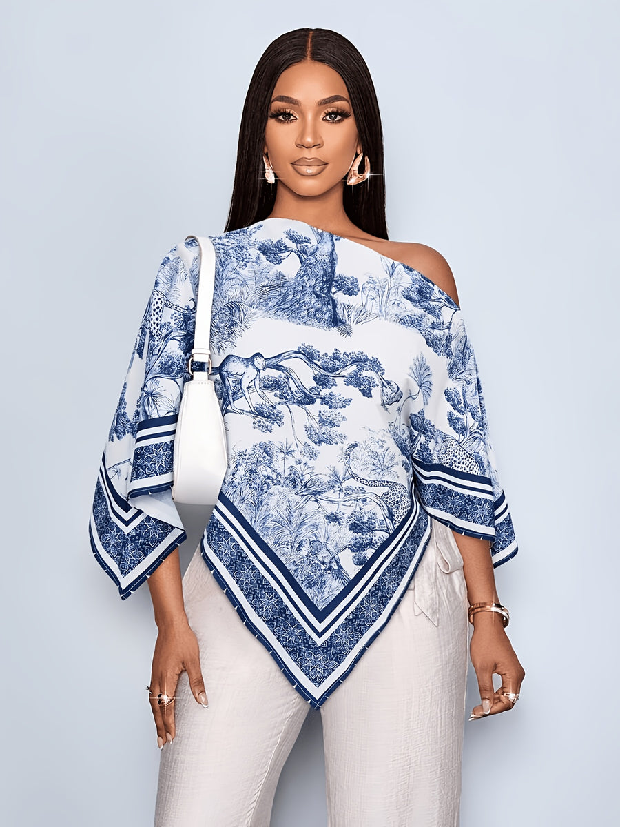Women'S Summer Elegant Off-Shoulder Top Bohemian Asymmetrical Shirt Summer Vacation Wear - Blue