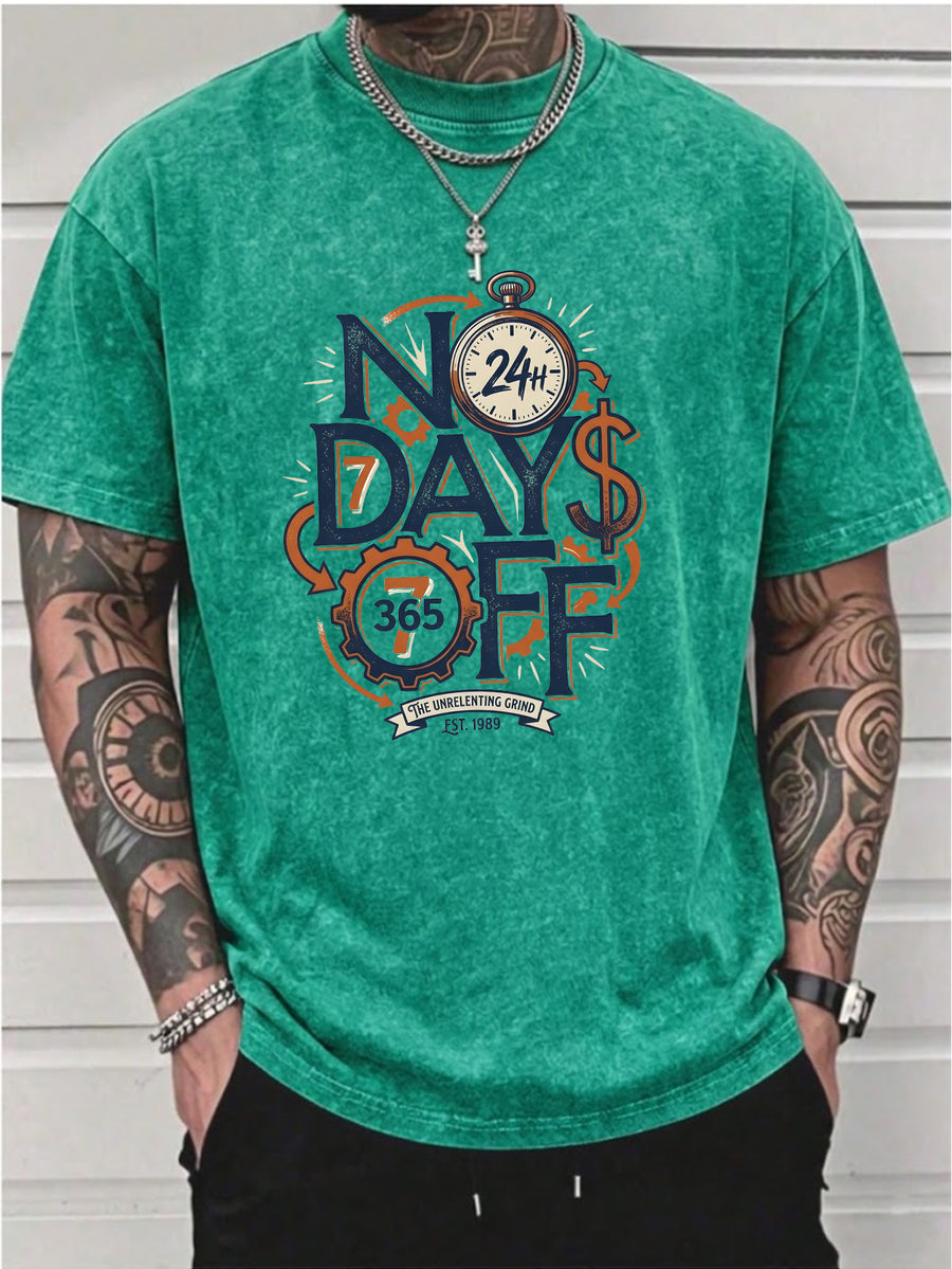 Men's Washed Short-sleeve T-shirt, Made of Pure Cotton for Breathability and Skin-friendly Comfort. Features a Relaxed Fit for Versatile Wear. Front Print with "NO DAYS OFF" Motivational Text and Gear Stopwatch Elements Exuding a Powerful Vibe - Green