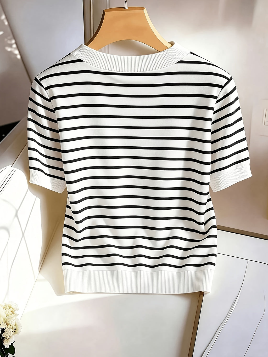 Women's Elegant V-Neck Striped T-Shirt - Soft Medium-Stretch Suitable for - Casual Blouse Striped Top, Machine Washable Non-Sheer V-Neck Shirt for Office, Layering & Casual Attire (Year-Round Wardrobe Essential) - White