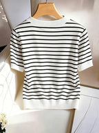 Women's Elegant V-Neck Striped T-Shirt - Soft Medium-Stretch Suitable for - Casual Blouse Striped Top, Machine Washable Non-Sheer V-Neck Shirt for Office, Layering & Casual Attire (Year-Round Wardrobe Essential) - White