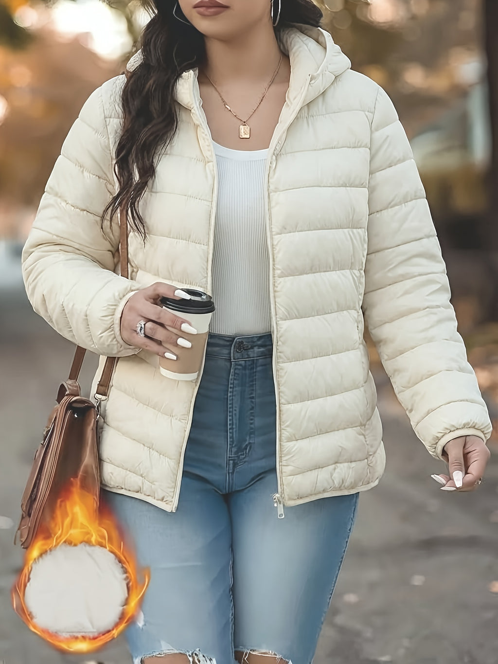 Spring, Autumn, Winter Women's Padded Coat, Fall/Winter Women's Apparel, Hooded Design, Full Zip Front, New Year, Valentine's Day, Popular Korean Top, Suitable for Office, Commuting, Shopping, Simple Outerwear, Coat for Petite Women, High-Quality - Milky