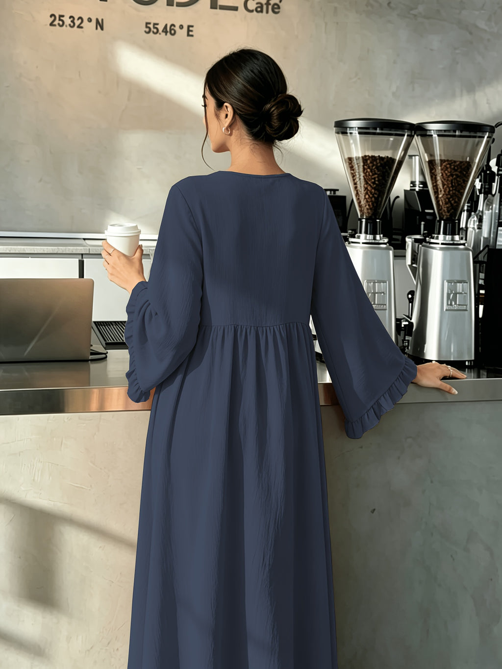 Round Neck Long Dress with Ruffled Flared Wide Sleeves, Soft Lightweight Breathable Fabric Loose Swing Style Dress for Women Daily Home And Outdoor Casual Matching - Navy Color