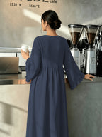 Round Neck Long Dress with Ruffled Flared Wide Sleeves, Soft Lightweight Breathable Fabric Loose Swing Style Dress for Women Daily Home And Outdoor Casual Matching - Navy Color