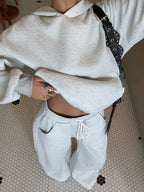 Plus Size - Autumn Winter New Size Large Solid Color Hooded Fleece Sweatshirt Set with Kangaroo Pouch And Drawstring Wide-Leg Sweatpants, Casual Lazy Style Two-Piece Set, Non-Restrictive Fit Suitable for Home, Daily Outings, And Outdoor - Light Grey