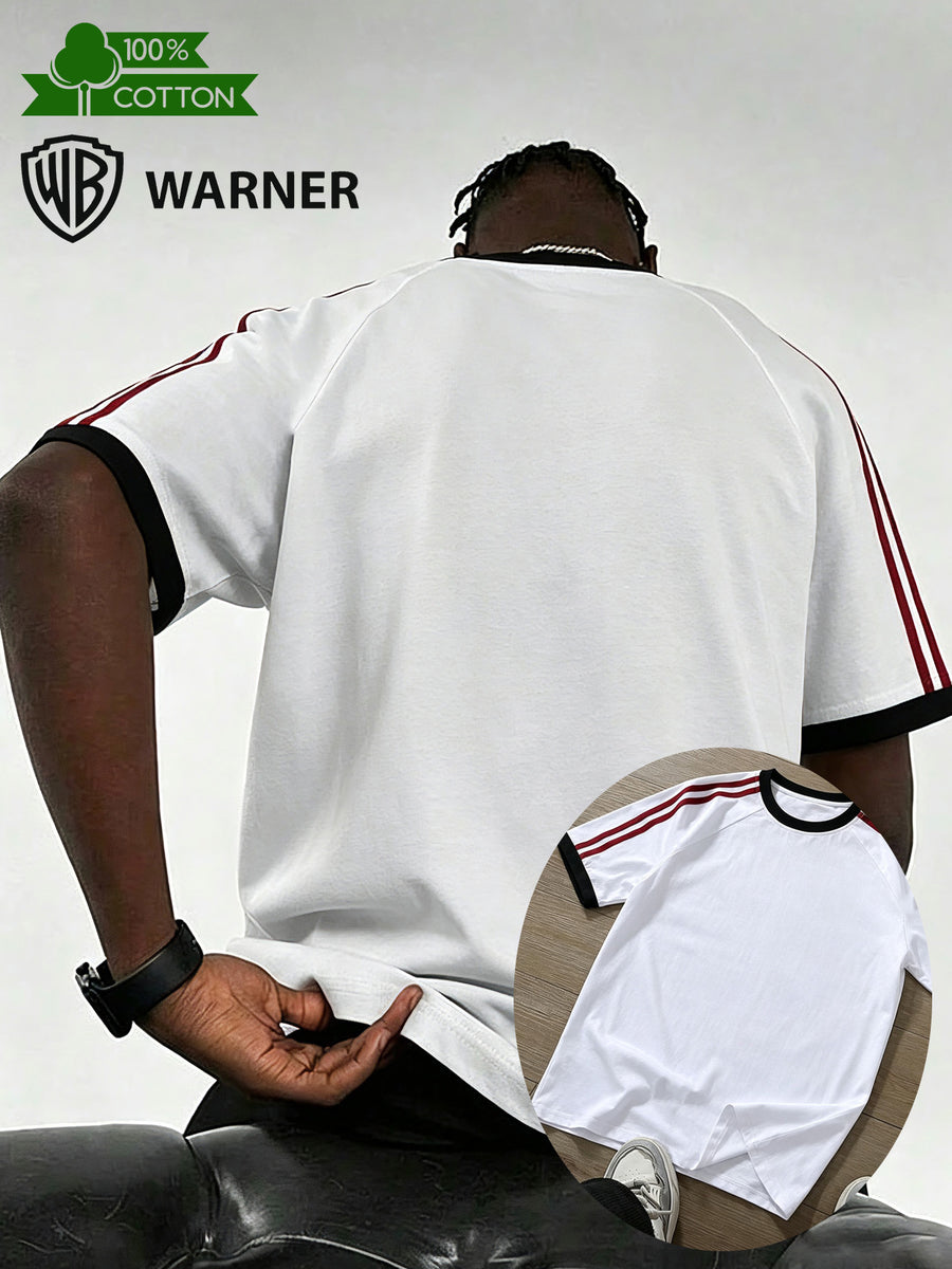 WB Men's Striped Patchwork Casual Short-Sleeve Top with Fun Print, 100% Pure Cotton Fashion Design. Made of Skin-friendly and Breathable Pure Cotton Material, This Versatile Casual Style Is Easy to Wear and Suits Daily Commutes, Parties - White