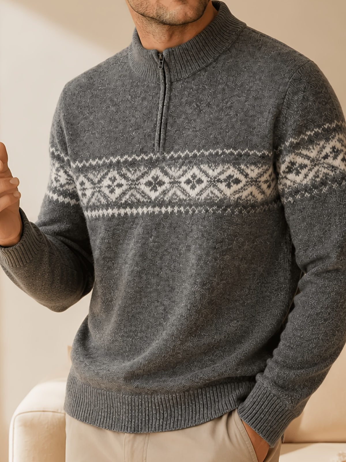 Du Jing Lan OBM Spring/Autumn New Arrival Men's Knitted Pullover, Old Money Style Contrast Color Stand-Up Collar Half-Open Placket Long Sleeve Knitted Pullover, Men's Business Casual Fashion Ribbed Sweater with Stand-Up Collar and Half-Open Placket - Dark Gray
