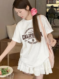 A Short-sleeved Women's T-shirt with Letter Print Pattern, Casual, Loose-fitting, Sweet Style. Made of 95% Polyester and 5% Spandex - White