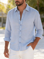 Single Piece Loose and Comfortable Men's Long Sleeved Shirt, with a Simple and Versatile Solid Color Style, Button Opening and Closing Design, Suitable for Casual Daily Wear. - Sky Blue