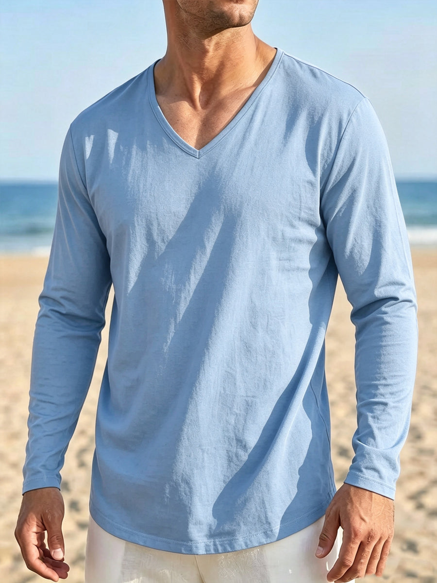 Seaside Vacation Summer Men's V-Neck Long Sleeve Linen Solid Color Casual Long Sleeve T-Shirt - Light Blue