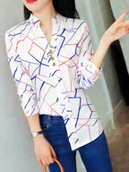 An Elegant Long-Sleeve Shirt for Women Featuring a Striped Print, a Small Stand Collar, And Exquisite Buttons, Perfect for Commuting And Daily Outings in Spring And Summer. A Beautiful Women'S Shirt, Summer Top, Long-Sleeve V-Neck, Stylish Blouse - Stripes