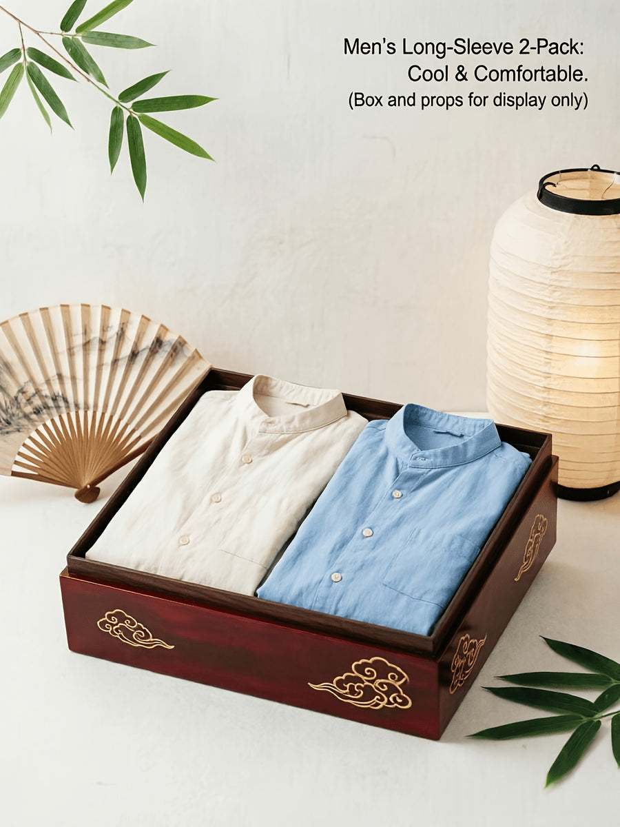 Men's Autumn Linen Long Sleeve Shirt 2pcs, Stand Collar Loose Fit, Breathable & Comfortable, Vintage Chinese Style for Daily Commute & Casual Wear, Gift Box Packaging for Gifting or Personal Use (Box and Props for Display Only) - White+sky Blue