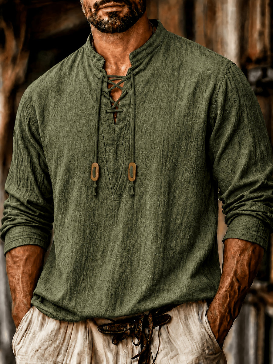 Men'S Vintage-Style Long-Sleeve Shirt with Tie Details - Medieval Style, Breathable And Machine Washable, Suitable for Spring And Summer Outdoor Activities. Men'S Vintage Tie-Front Shirt, Suitable for Renaissance, Viking, And Medieval Costumes - fern green