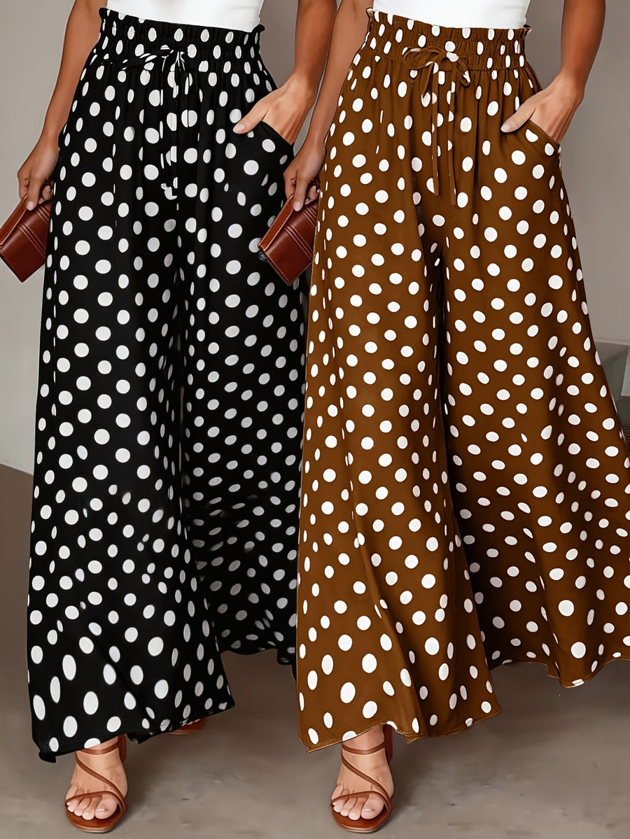 Fashionable Elegant Polka Dot Print Wide-Leg Pants, Commute Vacation Versatile Casual Trousers 2pcs Set - Black+Brown