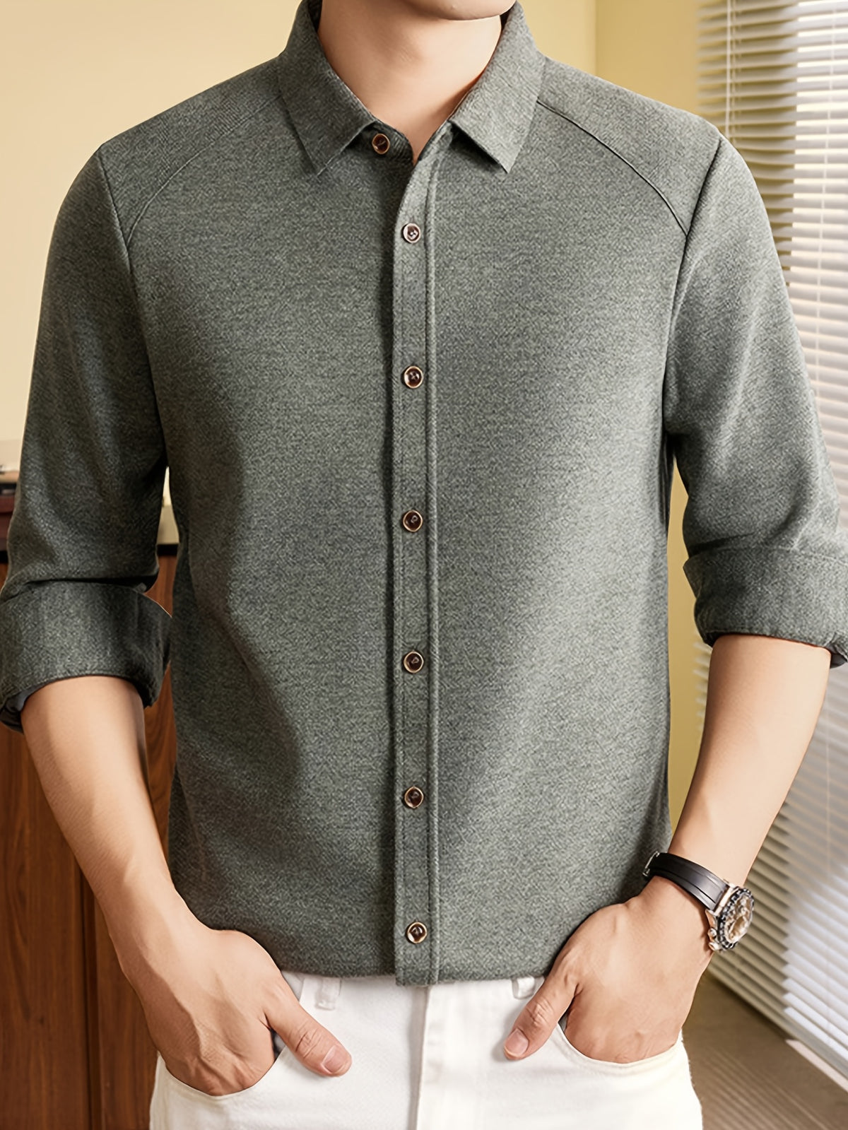 Men's Long-Sleeve Knit Cardigan Shirt with Raglan Sleeves, Roll-Up Cuffs, Suitable for Layering or Wearing Alone in Spring, Autumn, and Early Winter, Ideal for Middle-Aged Men's Commuting and Casual Wear. -SINBOS - Colorful