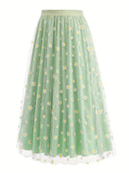 Elegant Chiffon Vacation Skirt with Small Chrysanthemum Print for Women - Light Green
