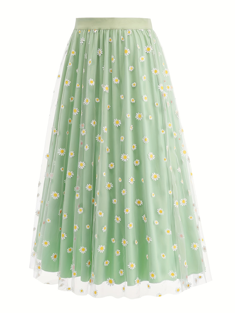 Elegant Chiffon Vacation Skirt with Small Chrysanthemum Print for Women - Light Green