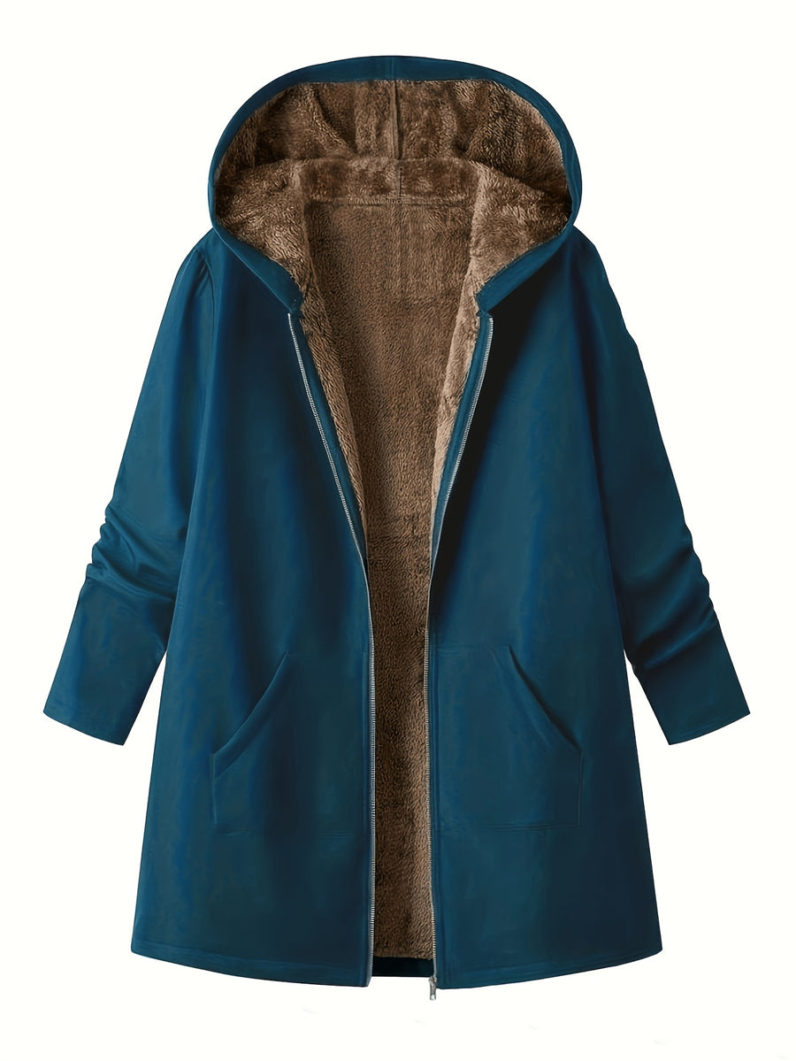 Solid Color Thermal Lined Hooded Jacket for Autumn/Winter Warmth and Casual Wear - Military Blue