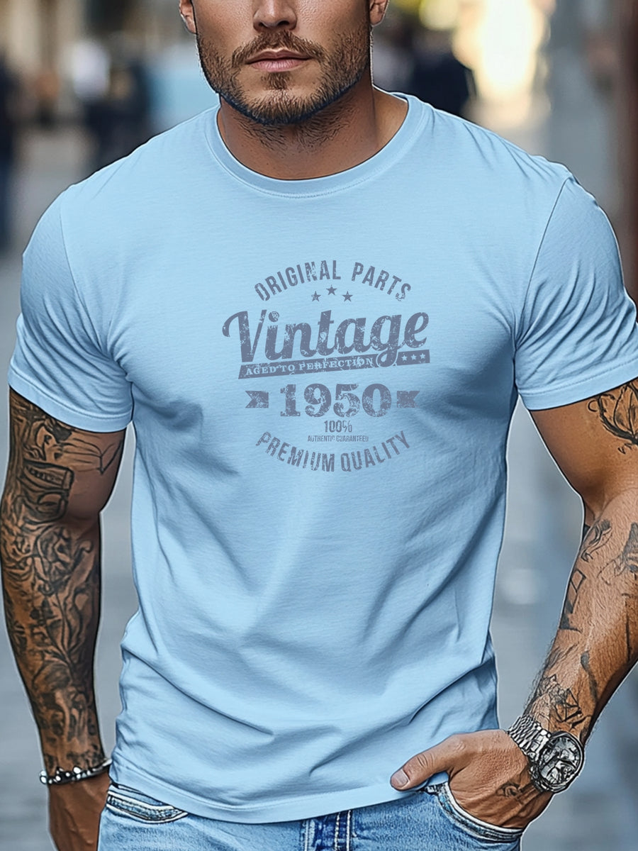 Men'S Original Parts Vintage Pattern Summer Casual Round Neck Short Sleeve T-Shirt - Lake Blue