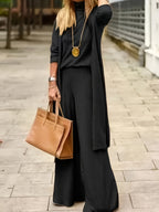 3pcs Set: Elegant Solid-color Cardigan, Turtleneck Base Layer, and Loose-fit Trousers—suitable for Multiple Occasions Such as Office Wear, Commuting, and Daily Elegance. Machine Washable for Autumn/winter Styles - Black