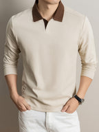 2026 Autumn Men'S Long Sleeve T-Shirt Casual Solid Color Seagull Collar Lapel POLO Shirt - Apricot