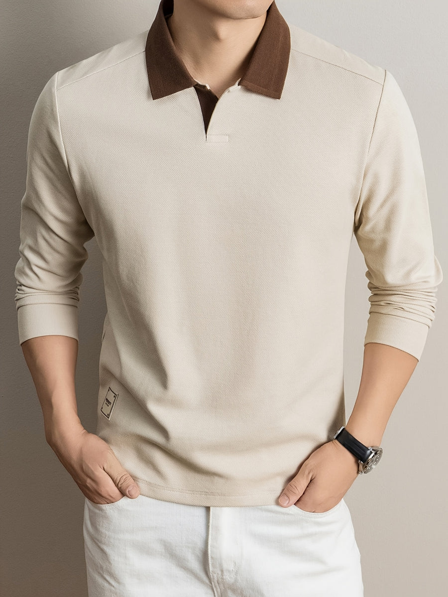 2026 Autumn Men'S Long Sleeve T-Shirt Casual Solid Color Seagull Collar Lapel POLO Shirt - Apricot