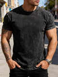 Men's Slim Fit Solid Color T-Shirt, 100% Pure Cotton Washed Distressed Style - Black