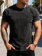 Men's Slim Fit Solid Color T-Shirt, 100% Pure Cotton Washed Distressed Style - Black